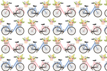 Seamless pattern with cute Ladies bicycles with basket of spring flowers. Women city retro bike. Summer floral vintage journey. Romance. Good for cards, greeting. Vector illustration, white background