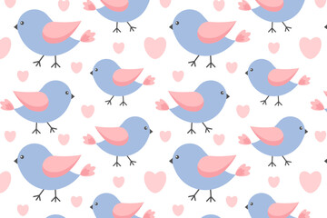 Seamless pattern with cute bird with pink wings. Funny character, little bird. Bird Day. For baby posters, cards, clothes, home textiles, wrapping paper, nursery. Vector illustration, white background