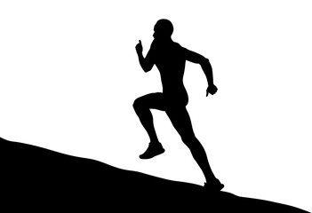 Fototapeta na wymiar black silhouette male runner running uphill on white background