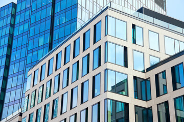 Modern office building in Warsaw, Poland. Skyscrapers facade in city. Business center exterior
