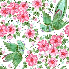 Foto auf Acrylglas Floral seamless pattern in Ukrainian folk painting style Petrykivka. Fantasy birds, flowers, leaves isolated on a white background © L. Kramer