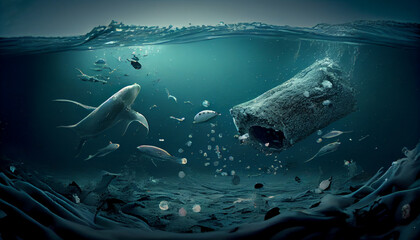Ocean pollution. Whale in the ocean among piles of garbage. Environmental Problem. Generated by artificial intelligence