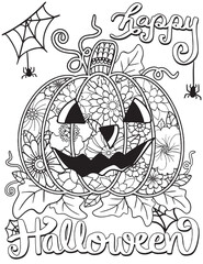 Happy Halloween Jack O’ Lanterns with pumpkins and flower elements. Hand drawn with black and white lines. Doodles art for greeting cards, invitation or poster. Coloring book for adult and kids.