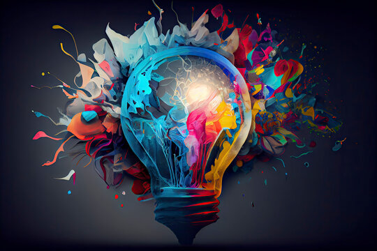 Creative light bulb explodes with colorful paint and splashes  Think differently creative idea concept