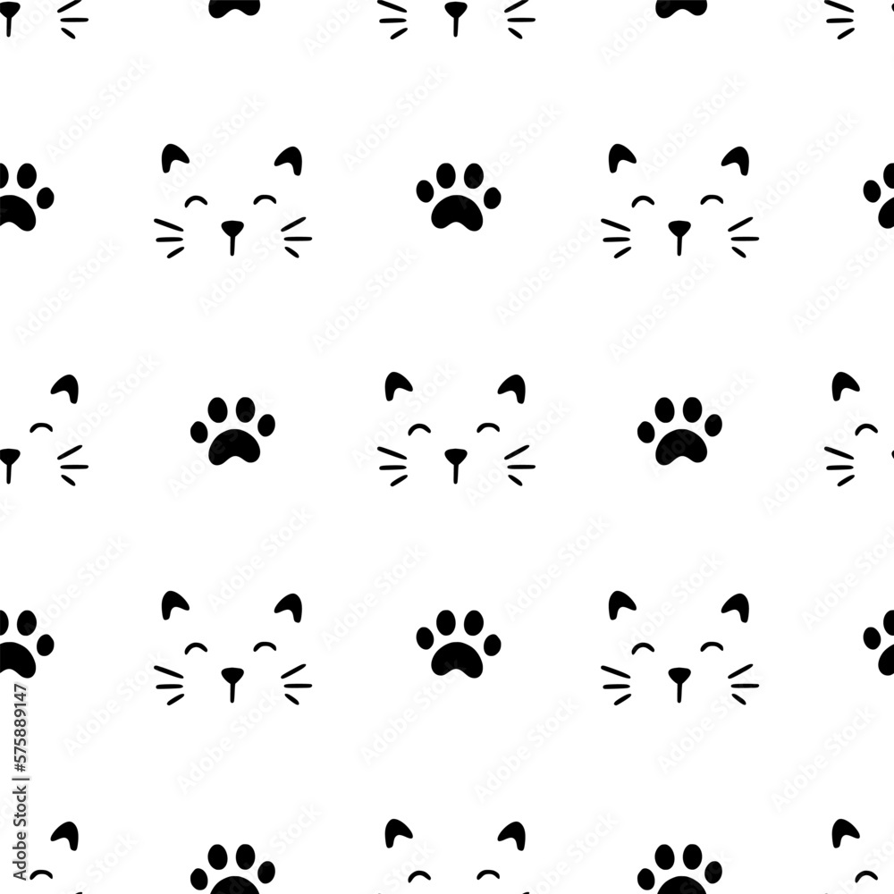 Poster cute cat face pattern seamless. hand drawn sketch doodle kitty black face on white background. cat f