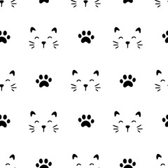 Cute cat face pattern seamless. Hand drawn sketch doodle kitty black face on white background. Cat footprint element. Cute pet pattern. Vector illustration.