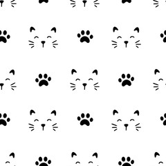 Fototapeta premium Cute cat face pattern seamless. Hand drawn sketch doodle kitty black face on white background. Cat footprint element. Cute pet pattern. Vector illustration.