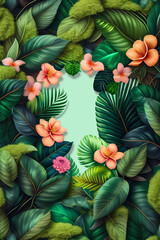  Abstract natural background with jungle flora. Creative background with exotic bright colorful leaves. Created with Generative AI