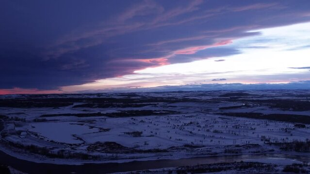 Canadian Winter Twilight: Aerial Footage of Sunset and Skyline