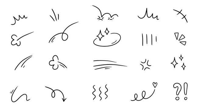 Line movement element, emotion effect decoration icon. Hand drawn doodle line element arrow, emphasis, wind, sparkle. Anime emotion, express shape. Vector illustration.