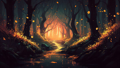 Obraz premium Path of Enchantment: A Fairytale Journey through the Night Forest -- graphic -- Ai