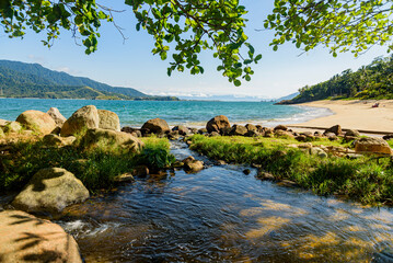 Shaded corner with a river to rest on a paradisiacal beach, Ilhabela, São Paulo