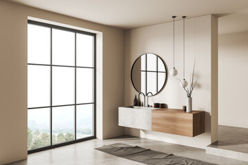 Light bathroom interior with washbasin and panoramic window, accessories