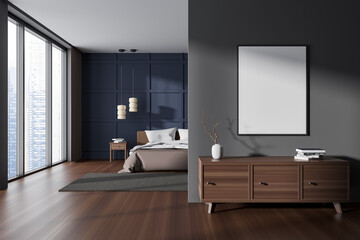 Fototapeta na wymiar Grey bedroom interior with bed and sideboard, panoramic window. Mockup frame