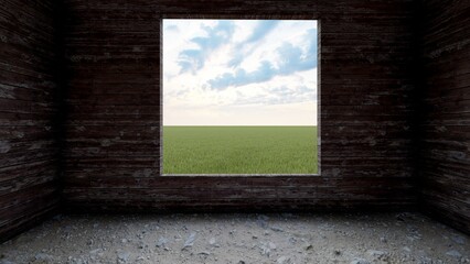 empty windows with grassfield view