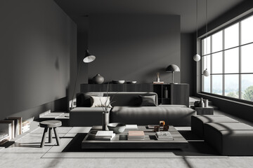 Grey living room interior with couch and drawer with decoration, window