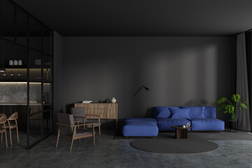Grey studio interior with relaxing and dining zone. Mockup wall