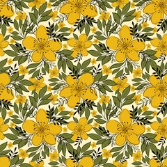 Pretty seamless repeating floral pattern in yellow and olive green with black ink style outlines.