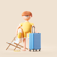 Cartoon man with suitcase and beach accessories, travel and vacation