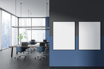 Grey office interior with coworking area and panoramic window. Mockup frames