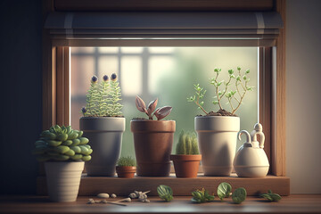 Indoor plants growing in pots on a windowsill. AI generated image
