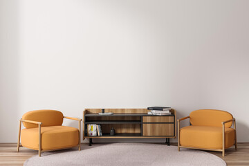 Light living room interior with two armchairs and sideboard. Mockup wall