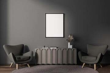 Modern living room interior with armchair and sideboard, mockup frame