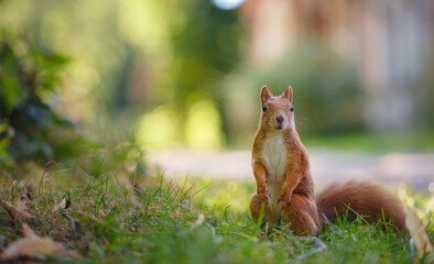 Cute squirrel in a park in Munich, Germany summer travel to Europe. Wildlife in green park. Sciurus vulgaris.