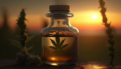 cannabis oil in a jar on a field background. Generative AI