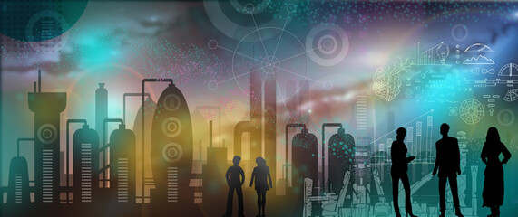 Futuristische Skyline, Stadt, Industrie - Universum Hintergrund mit Silhouetten von Geschäftsleuten 