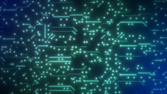 Abstract background of green computer circuit boards digital hi-tech futuristic of lines and dots. Video 4k, 60 fps
