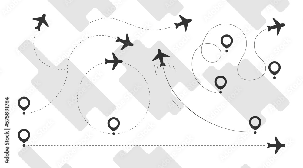 Poster Plane fly route with map pointer collection in black