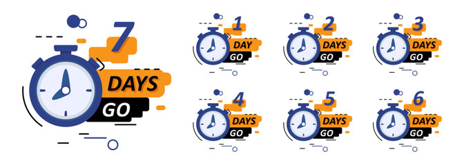 Countdown announcement message days to go with stopwatch in a flat design