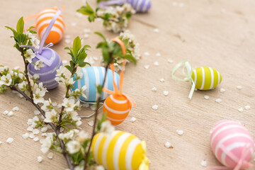 Easter decorative composition with painted eggs, flowering branches.