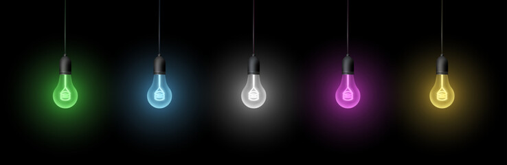 Hanging light bulbs set on the black background. Collection of glowing multicolor light bulbs. Design elements.