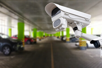 CCTV Security Camera setup on Parking lot. Copy space.