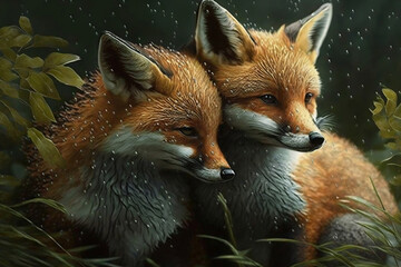 Obraz premium herd of fox animals in the rain, generative ai
