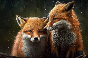 herd of fox animals in the rain, generative ai