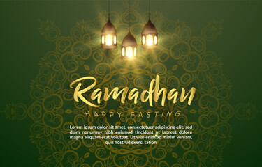 happy fasting ramadan kareem mubarak illustration banner with beautiful luxury shiny islamic ornament and abstract gradient green and yellow background design