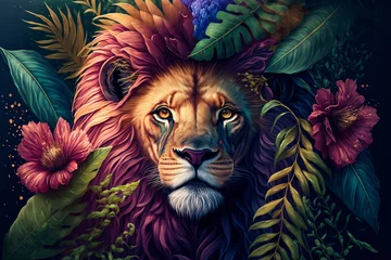 lion with colorful concept style with tropical leaves, generative ai © jambulart