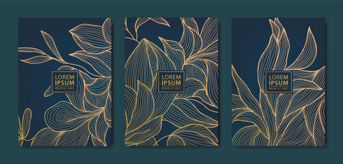Vector japanese leaves art deco patterns. Floral golden elements template in vintage style. Luxury black line covers, flyers, brochures, packaging design, social media post, banners