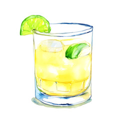 Vector green and yellow summer cocktail with lemon in glass painted in watercolor on a white background.