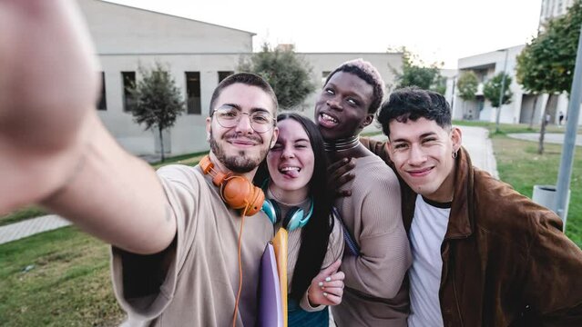 Happy diverse friends taking selfie. Stop motion video