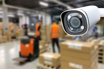 CCTV Camera Operating inside warehouse or factory. Copy space.