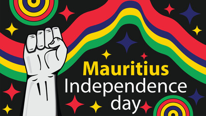 Vector horizontal banner for Mauritius Independence Day celebrated every year on March 12. Mauritius Independence Day background with fist pump icon, stars and Mauritius flag colored stripes.