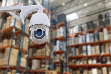 Fototapeta CCTV Camera Operating inside warehouse or factory. Copy space. obraz