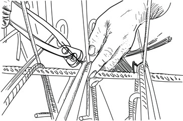Close Details of construction worker - hands securing steel bars with wire rod 