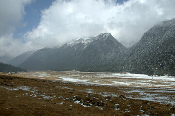 Beautiful landscape view of Yumthung Valley of North Sikkim. In the background, the beautiful mountain is standing which brings the view of the image to the next level. The landscape of the Mountains