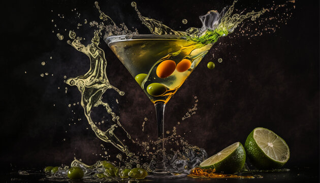 Martini with olives and lemon. Splashing on a dark background