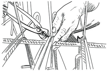 Close Details of construction worker - hands securing steel bars with wire rod 